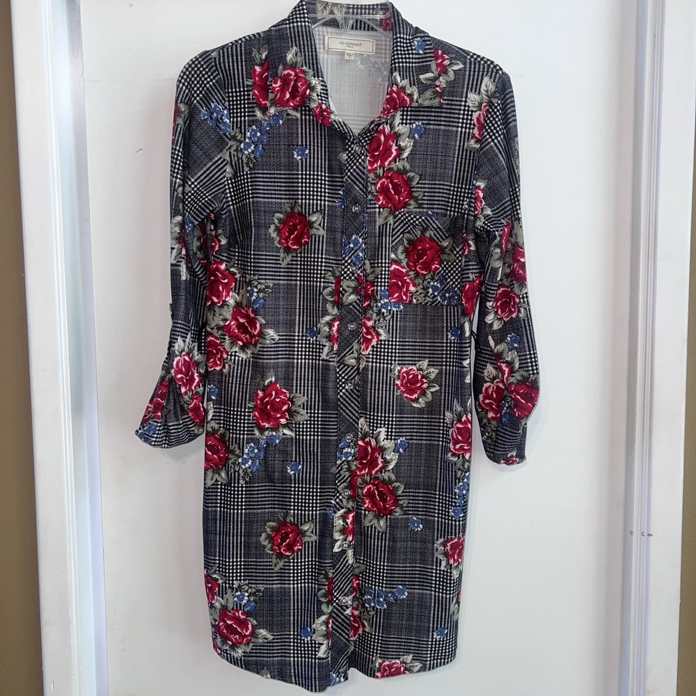 No Comment Black White Plaid Floral Print Shirt Dress Size S, Tunic Style Button